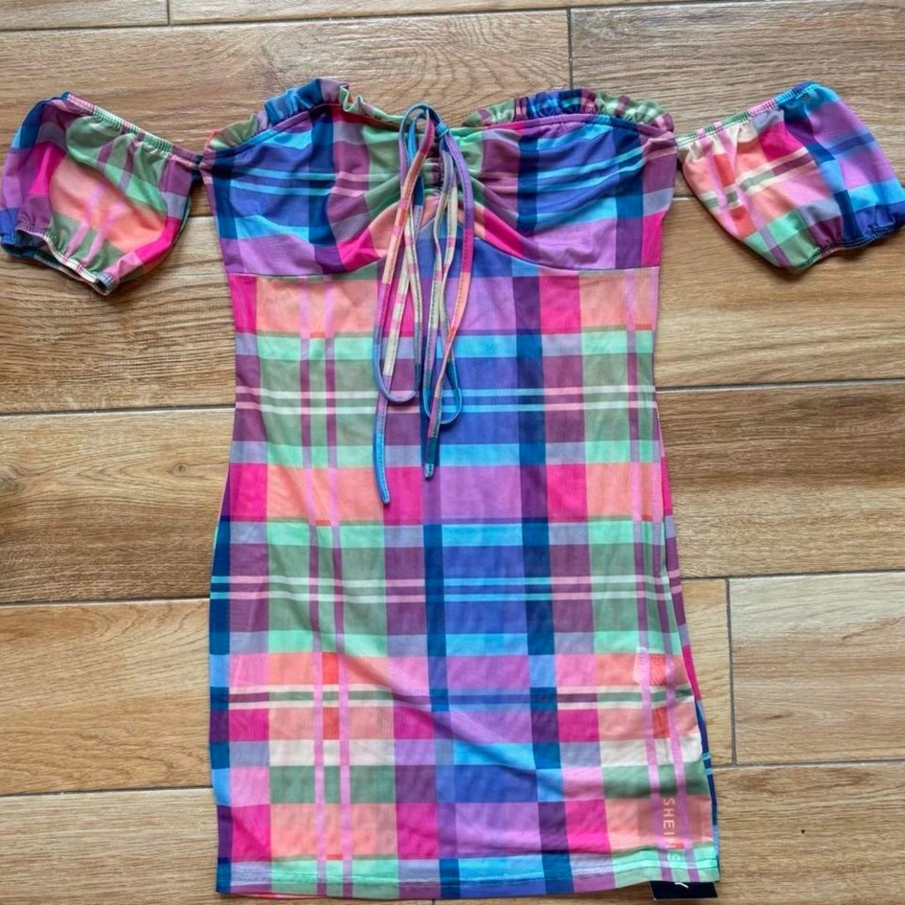 SHEIN Colorful Plaid Off-Shoulder Dress